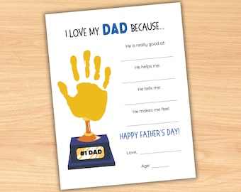 I Love My Dad Because Handprint - Interview Questions About Dad - Father's Day Gift from Kids, Toddlers, Preschoolers - Instant Download