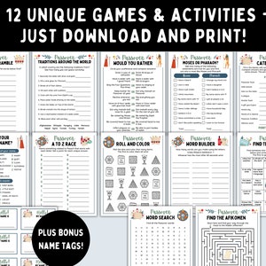 May include: A printable set of 12 Passover games and activities, including a Seder Scramble, a What's Your Pesach Name game, a Passover Traditions Around the World game, a Would You Rather game, a Moses or Pharaoh game, a Passover Categories game, an A to Z Race game, a Roll and Colour game, a Word Builder game, a Find the Friend game, a Word Search game, and a Find the Afikomen maze. The games are designed to be fun and engaging for all ages.