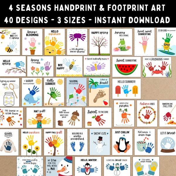 40 Paquete de artesanía de huellas y huellas de manos de temporada - Actividades de artesanía de bricolaje imprimibles - Arte de huellas dactilares con huellas dactilares, bebés y niños pequeños