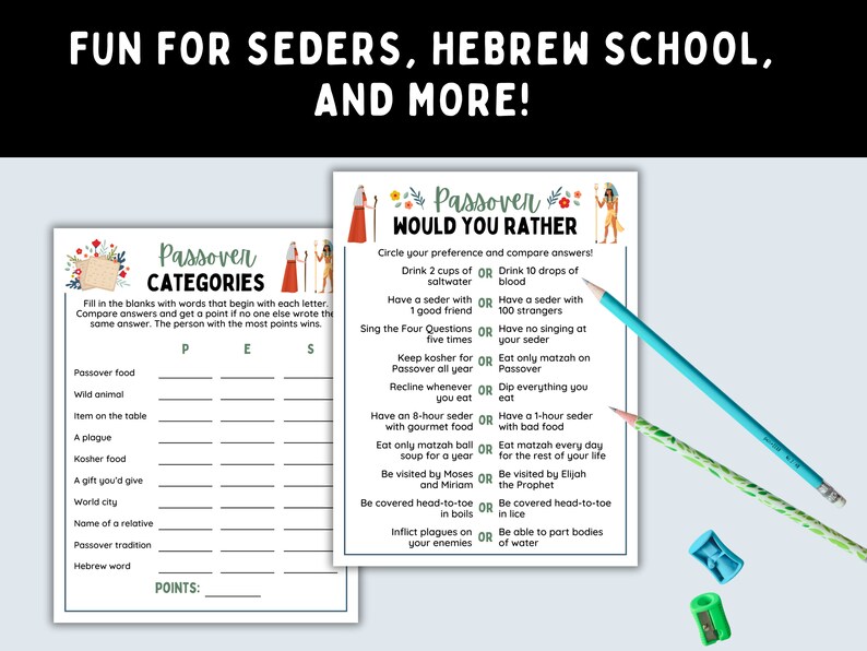 May include: Two printable Passover game sheets. The first sheet is a word game with categories such as Passover food, wild animal, and Hebrew word. The second sheet is a "Would You Rather" game with questions such as "Drink 2 cups of saltwater or drink 10 drops of blood?" and "Have a seder with 1 good friend or have a seder with 100 strangers?"