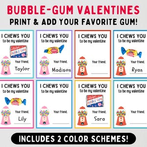 Cartes de la Saint-Valentin Je vous mâche en classe à associer avec du chewing-gum ou des bonbons -- Imprimable école et accessoires de fête pour enfants -- Téléchargement instantané