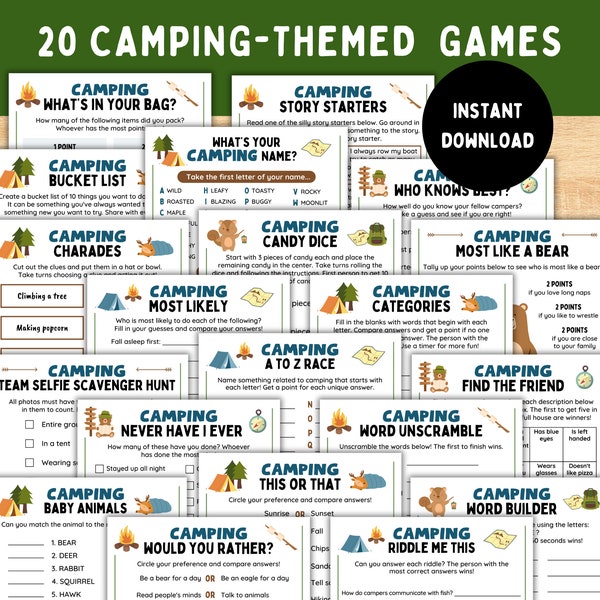 Camping-Themed Party Games, Printable Camp Games, Camp Bunk Games, Troop Camping Games, Party Games for Boys or Girls,
