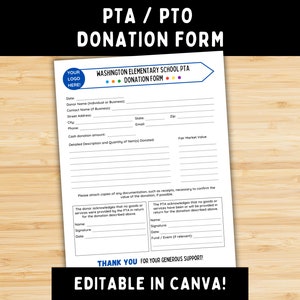 PTA / PTO Donation Form -- Editable Canva Template to Manage Gifts & Contributions to School Organizations