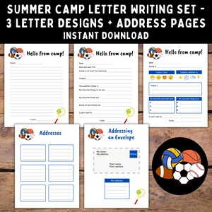 Paquete de cartas para escribir en campamentos con temática deportiva: material de oficina para completar en espacios en blanco para campamentos nocturnos y mantenerse en contacto fácilmente: descarga instantánea