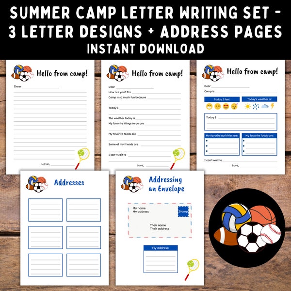 Sports Printable Letter from Camp -- Kids Overnight Camp Notes -- Sleepaway Camp Fill-in-the-Blank Letters -- Printable Digital Download