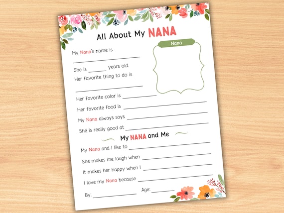 All About My Nana Floral Printable - Questionnaire Keepsake & Gift for Grandmother on Mother's Day, Grandparent's Day, Birthday