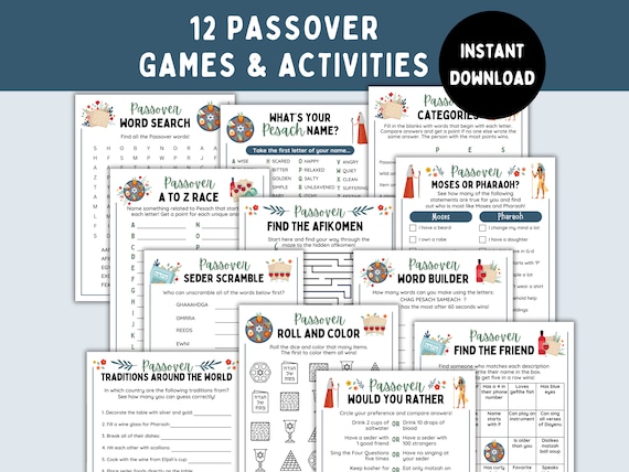 12 Passover Games and Activities -- Printable Entertainment for Pesach Seder -- Instant Download