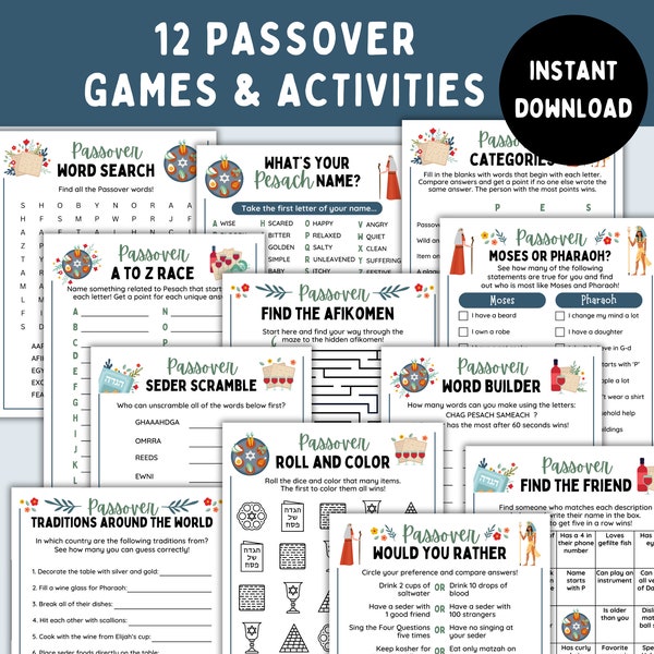 12 Passover Games and Activities -- Printable Pesach Activities -- Seder Games -- Instant Download