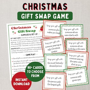 May include: A festive Christmas Gift Swap Game set, featuring a green and red color scheme. The image includes a game instruction sheet and multiple cards with prompts like "Swap your gift with someone wearing an ugly Christmas sweater."