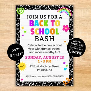 Back to School Party Invitation Template - New School Year Party - End of Summer - Editable Canva Template - Digital Download