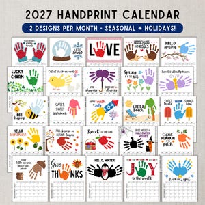 Op de afbeelding: Een handafdruk-kalender voor 2027 met 2 ontwerpen per maand met seizoensgebonden en feestelijke thema's. Elke pagina toont kleurrijke handafdruk-kunst gecombineerd met illustraties en teksten zoals Love, Hello Spring, Lucky Charm en Joy to the World.