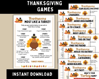 Thanksgiving Party Games -- Printable Turkey Day Activities for Kids or Adults -- Fun for Family or Friendsgiving -- Instant Download