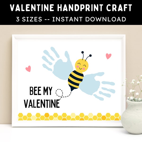 Valentine's Day Bee Handprint Craft -- Printable DIY Valentine's Day Handprint Activity -- Handprint Art, Baby Toddler Kids