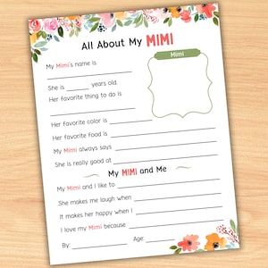 Alles über meine Mimi Floral Printable - Fragebogen Andenken & Geschenk für Großmutter am Muttertag, Großelterntag, Geburtstag