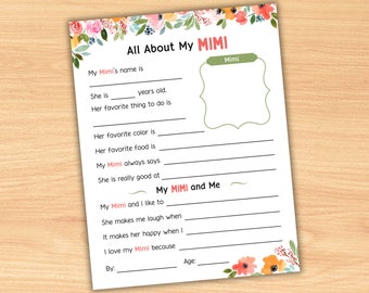 All About My Mimi Floral Printable - Questionnaire Keepsake & Gift for Grandmother on Mother's Day, Grandparent's Day, Birthday