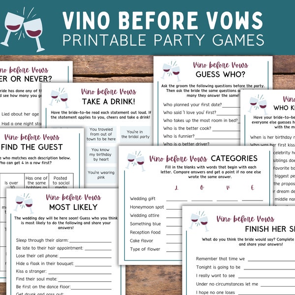 Vino before Vows Party Games - Bachelorette Games - Bridal Shower Activities --  Instant Download