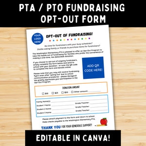Formularz rezygnacji z udziału w zbiórce funduszy PTA/PTO — edytowalny szablon Canva — szablon rezygnacji rodziców Pto/pta — zbiórka funduszy Pta/pto Just Donate