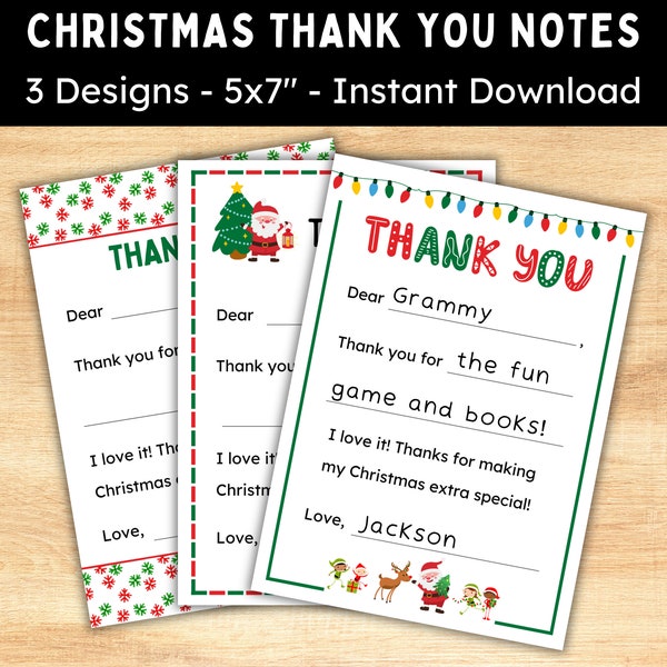 Fill in the Blank Christmas Thank You Cards for Kids - Printable Christmas Thank You Note - Instant Download