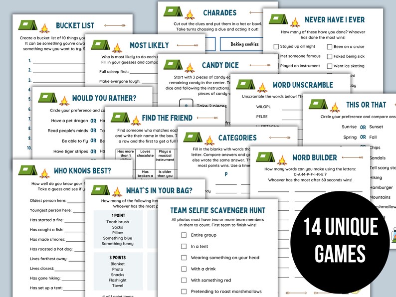 Campingthemed Party Games Printable Camp Games Camp Bunk Etsy