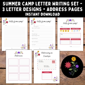 Carta imprimible del campamento - Flores - Notas del campamento nocturno para niños - Cartas para rellenar los espacios en blanco del campamento para dormir - Descarga digital imprimible