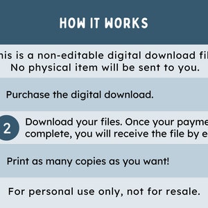 May include: A blue and white graphic with the text "HOW IT WORKS" at the top. The graphic explains how to purchase and download a digital file. It says "This is a non-editable digital download file. No physical item will be sent to you."  The graphic also includes three numbered steps: 1. Purchase the digital download. 2. Download your files. Once your payment is complete, you will receive the file by email. 3. Print as many copies as you want! The graphic ends with the text "For personal use only, not for resale."
