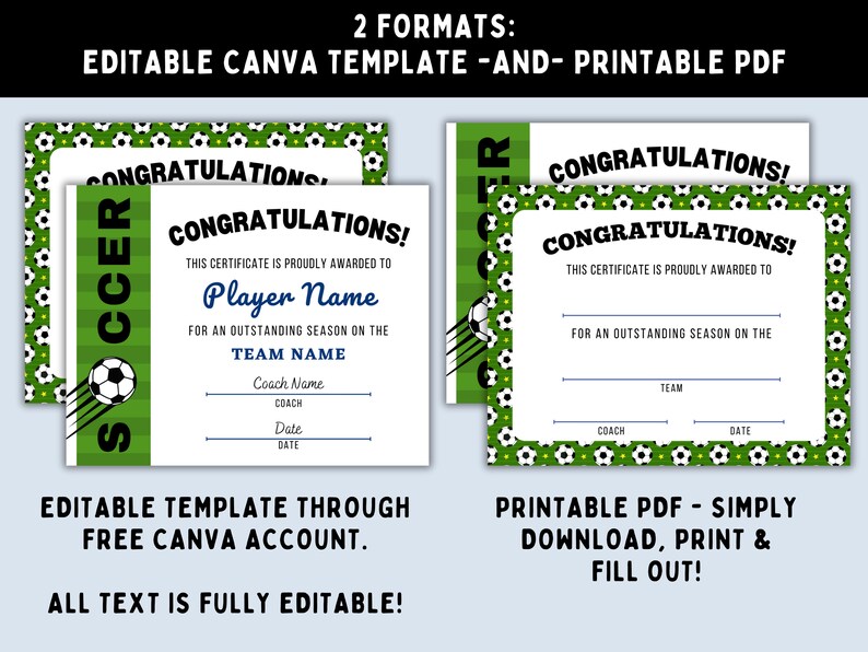 Soccer Team Certificates Editable Soccer Participation Certificates Printable Soccer ...