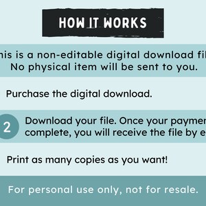 May include: A teal and white graphic with the text "HOW IT WORKS" in a black box. The graphic explains how to purchase and download a digital file. It says "This is a non-editable digital download file. No physical item will be sent to you." The graphic has three numbered steps: 1. Purchase the digital download. 2. Download your file. Once your payment is complete, you will receive the file by email. 3. Print as many copies as you want! The graphic ends with the text "For personal use only, not for resale."