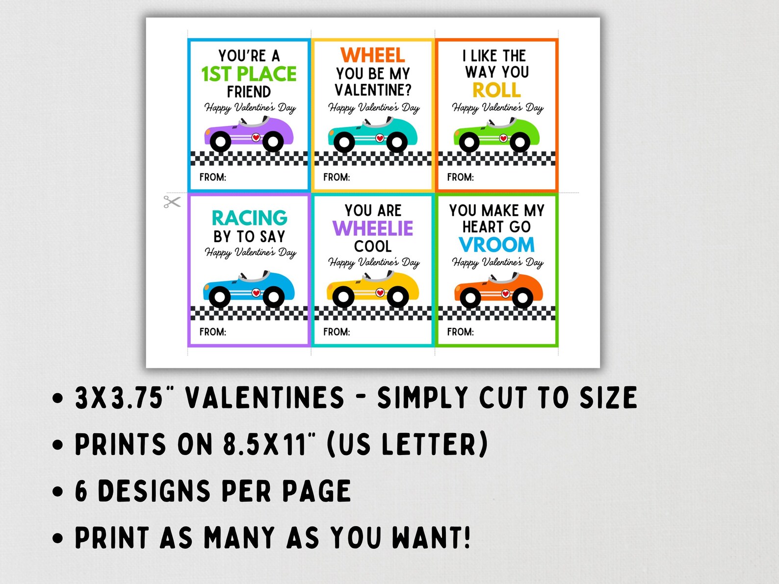 Race Car Valentine Cards -- Printable Racing Valentines for Classroom ...