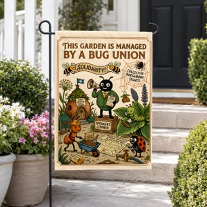 Puede incluir: Una bandera de jardín rectangular con fondo crema que presenta el texto THIS GARDEN IS MANAGED BY A BUG UNION. La ilustración muestra varios insectos, incluyendo una hormiga con una carretilla, una mariquita y una abeja, junto a un edificio.