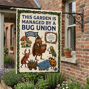 Może przedstawiać: Prostokątna flaga ogrodowa z kremowym tłem i zieloną obwódką z winorośli. Tekst głosi THIS GARDEN IS MANAGED BY A BUG UNION, SOLIDARITY & BLOOMS! oraz LABOR AGREEMENT RATIFIED. Zawiera ilustracje przedstawiające różne owady.