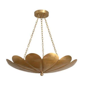 May include: A gold-colored, petal-shaped chandelier. The light fixture is suspended from the ceiling by three chains. The chandelier has a round canopy and a decorative finial at the bottom.
