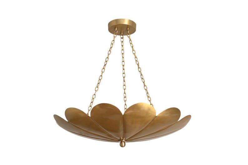 May include: A gold-colored, petal-shaped chandelier. The light fixture is suspended from the ceiling by three chains. The chandelier has a round canopy and a decorative finial at the bottom.