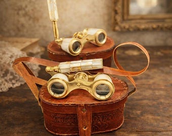 Vintage Brass Opera Glasses with Mother-of-Pearl Inlay, Theater Viewing Optics