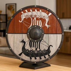 May include: A circular Viking shield with a dark metal rim and a central boss. The top half is reddish-brown wood, the bottom half is light grey wood. Two Viking ship designs are printed on the shield in white and black.