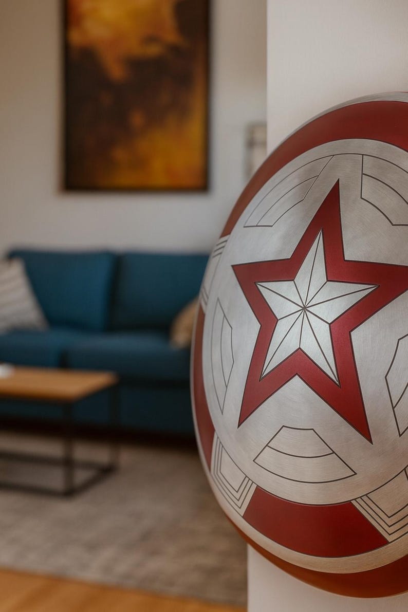 May include: A silver and red shield with a large red star in the center. The shield has a circular design with red and silver segments. The shield is leaning against a white wall, with a blurred living room in the background.