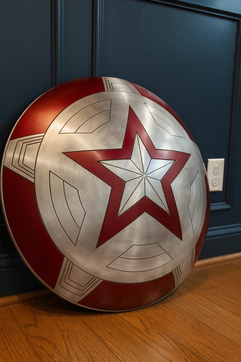 May include: A metallic silver and red shield with a large red star in the center. The shield has a circular design with red borders and geometric patterns. It is leaning against a dark blue wall on a wooden floor.