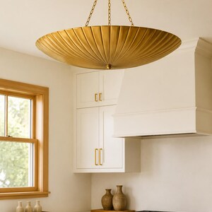 Fluted Brass Ceiling Light, Scalloped Semi Flush Mount Fixture, Mid Century Modern Pleated Dome Chandelier, Vintage Gold Saucer Lamp