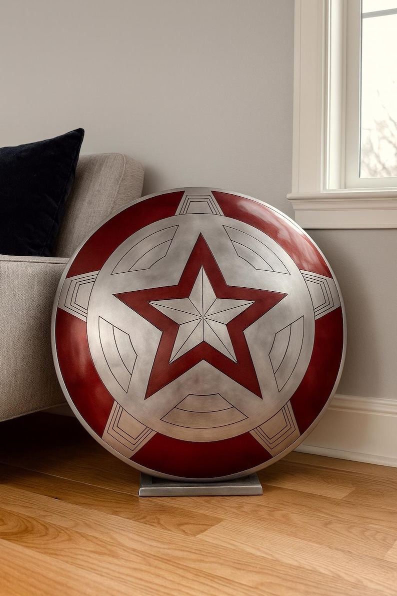 May include: A large, round shield with a red, white, and silver color scheme. The shield features a prominent five-pointed star in the center, surrounded by a circular design. It is displayed on a silver stand.