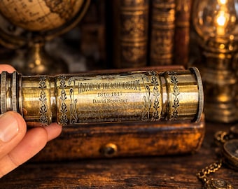 Vintage Brass Kaleidoscope Handmade Optical Viewer Mandala Toy Engraved Collectible with Leather Case Desk Decor Gift