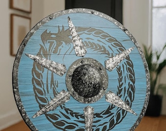 Viking Dragon Wooden Shield Norse Warrior Decor Blue Battle Prop LARP Cosplay Reenactment Nordic Wall Display Medieval Gift