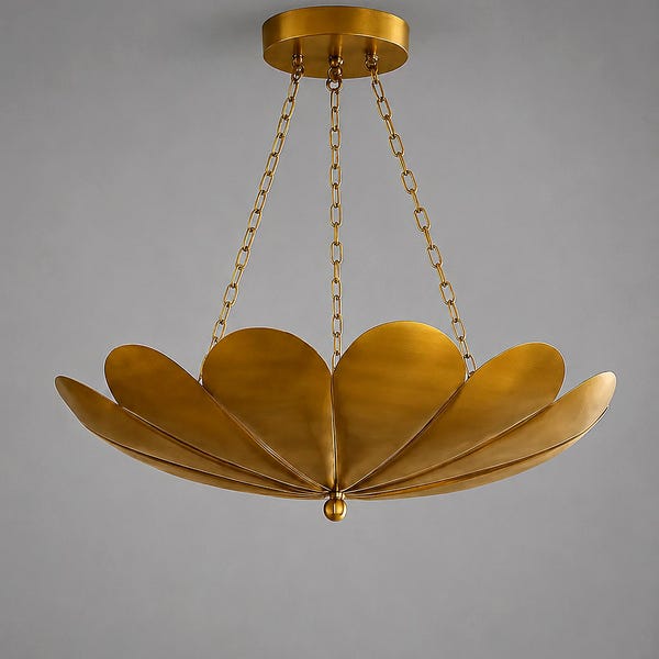 Brass Flower Chandelier, Mid Century Modern Ceiling Light, Scalloped Petal Pendant, Starburst Fixture, Vintage Dining Room Lighting