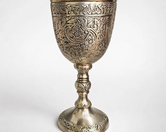 Vintage Brass Chalice Goblet Grape Design Eucharist Communion Cup Catholic Church Altar Vessel Sacred Gift Velvet Box Handmade