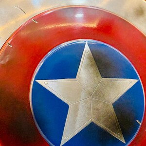 Puede incluir: Primer plano de un escudo con una estrella plateada sobre un c&iacute;rculo azul, sobre un fondo rojo y plateado. El escudo tiene un dise&ntilde;o circular con un acabado met&aacute;lico, que recuerda el emblema de un superh&eacute;roe.