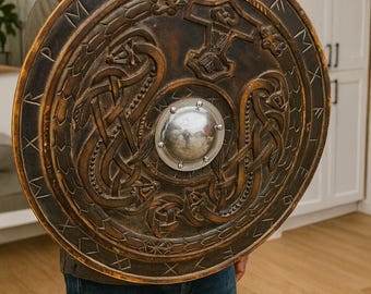 Handcrafted Wooden Viking Shield: Norse Decor, Cosplay Prop, Personalized