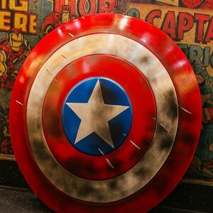 Puede incluir: Una r&eacute;plica del escudo del Capit&aacute;n Am&eacute;rica. El escudo es circular, con un anillo exterior rojo, un anillo interior plateado y un centro azul con una estrella blanca. El escudo tiene una apariencia desgastada.