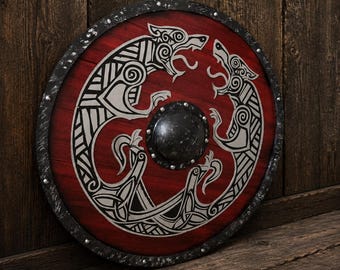 Valhalla Fenrir Viking Shield, Battleworn Wooden Buckler, Medieval Norse Wall Art, Handmade Pagan Display Decor