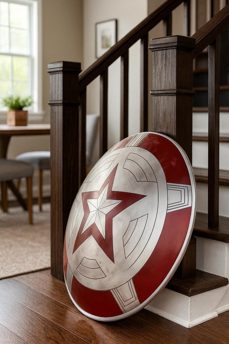 May include: A silver and red shield with a central white star design, leaning against a wooden staircase. The shield has a circular shape with red and silver segments, and a star in the center.