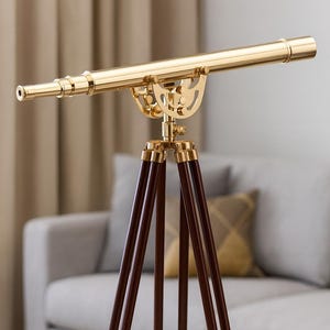 Vintage Brass Telescope on Wooden Tripod – 39&quot; Nautical Decor | Antique Maritime Floor Telescope for Home or Office