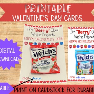 Tarjeta imprimible con bocadillos de frutas para el día de San Valentín. Me alegro de que seamos amigos. Plantilla de intercambio de tarjetas de San Valentín para el aula de niños. Descarga instantánea