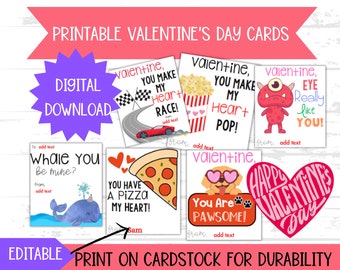 Op de afbeelding: Printbare Valentijnsdagkaarten met schattige illustraties en bewerkbare tekstvelden. De kaarten bevatten een walvis, pizza, popcorn, een monster, een hond en een hart. De tekst op de kaarten bevat zinnen als "Whale you be mine?" en "You have a pizza my heart!"